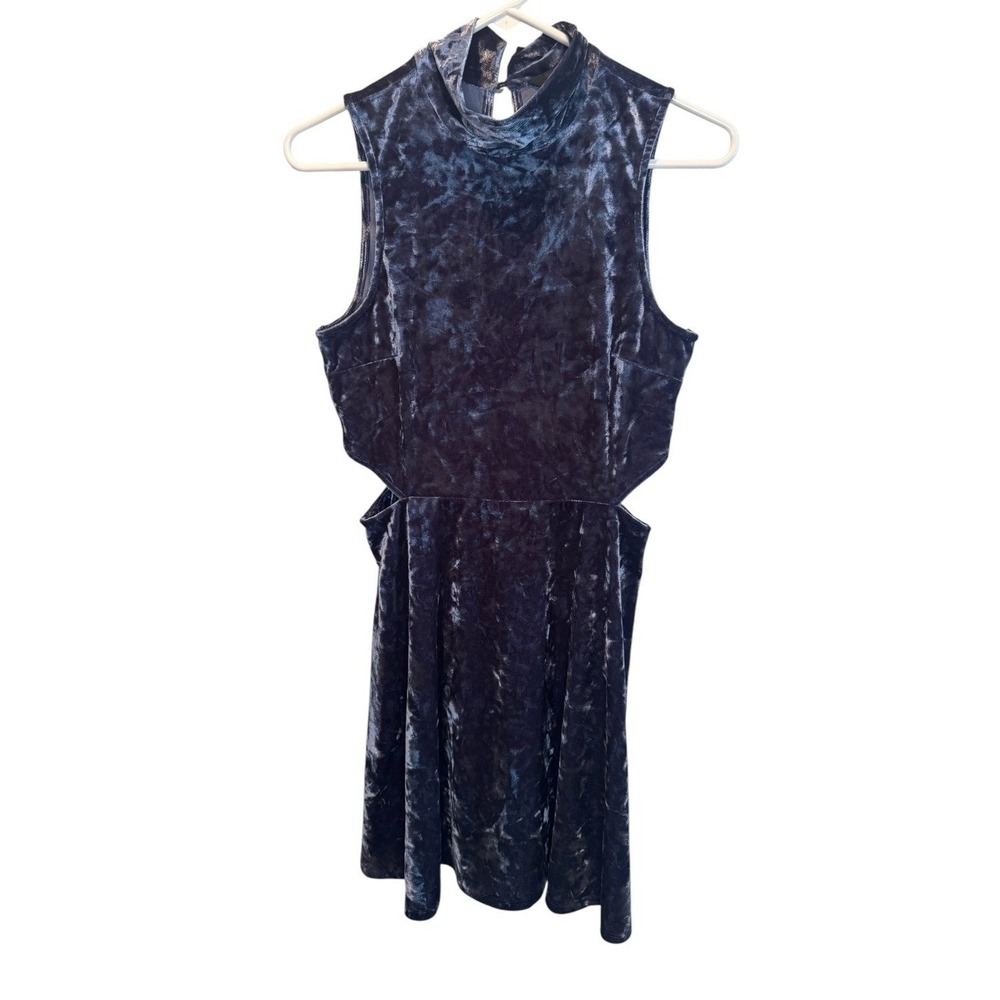 Topshop Womens Blue Crushed Velvet Cut Out High Neck Mini Dress 8 Party Event